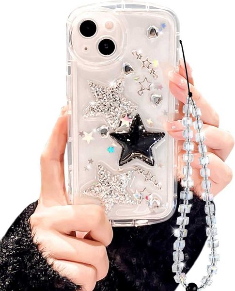 Coque pour iPhone mignonne paillettes 3D étoiles cœur en cristal transparent avec design esthétique pour femmes adolescentes jolie coque de protection mignonne + chaîne de téléphone en cristal