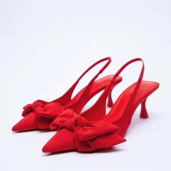 Sandali donne rosse femminili estate con i tacchi alti con fiocco nero elegante slingback lady plus size tacco 230406
