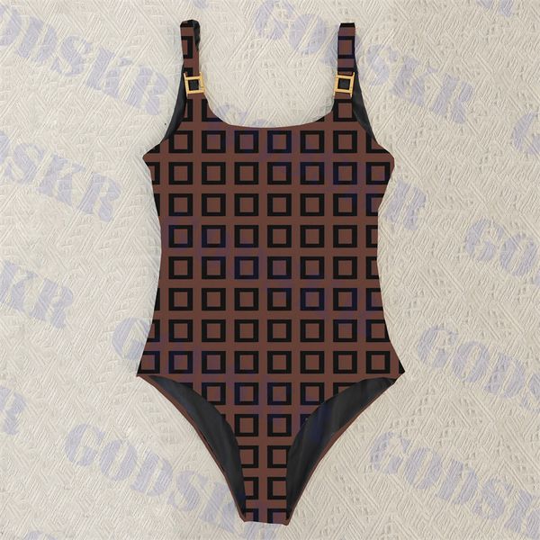 Brauner Buchstabe-Badebekleidungs-Frauen-Bikini mit Goldmetalllogo-Sommer-neuem einteiligem Badeanzug