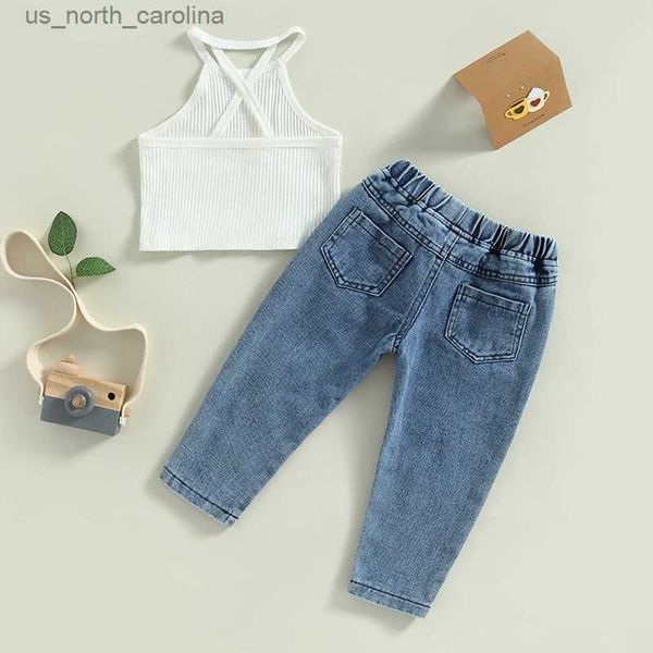 Set di abbigliamento 2 pezzi Set di vestiti per ragazze alla moda Senza maniche Halter Crop Top Canotta con jeans strappati in vita elastica Completo estivo per bambini