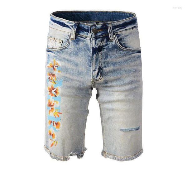 Мужские шорты, брюки в стиле хип-хоп, мотоциклетные, с цветочным принтом, джинсовые, потертые, потертые, мужские, High Street Jean Musculation Homme