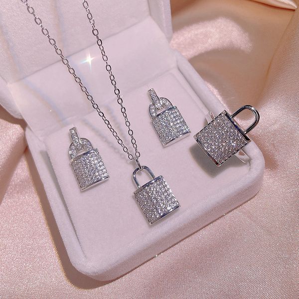 Classic Key Lab Diamant-Schmuckset 925 Sterling Silber Eheringe Ohrringe Halskette für Frauen Braut Engagement Schmuck Geschenk