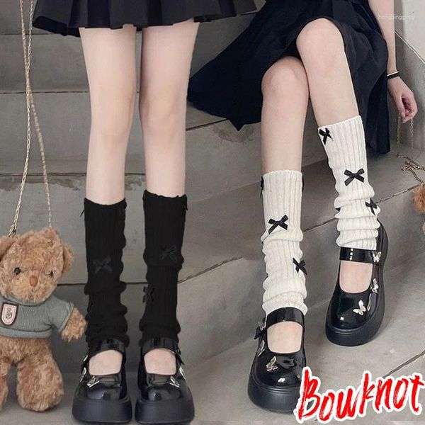 Calzini da donna Bowknot Legging lavorato a maglia Ragazze Y2K Polsini per stivali bianchi neri Inverno Punk Lolita Copri scaldamuscoli coreano Lungo