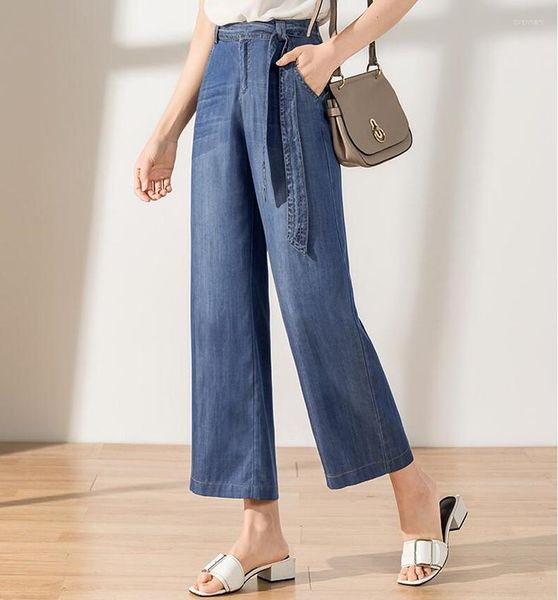 Calça jeans feminina denim pernas largas mulheres calças elásticas da cintura alta roupas femininas de fundo casual Pantalon Palazzo