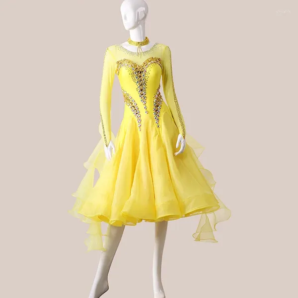 Stage Wear Ballroom Swing Dance Hall Amarelo Diamante Incrustado Moderno Saia Estilo Vestido Competição Desempenho