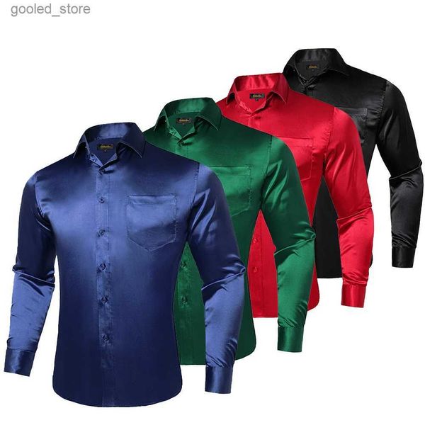 Camisas casuais masculinas de cetim de luxo camisas lisas de manga comprida luxo smoking baile vermelho azul ouro vestido social camisa blusa lisa roupas masculinas q231106