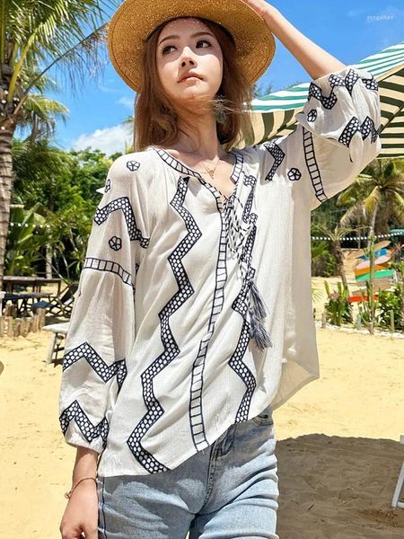 Damenblusen Gypsylady Boho Stickerei Bluse Hemd Baumwolle Frühling Herbst Quasten Langarm Frauen Damen Weiblich Urlaub Casual Tops