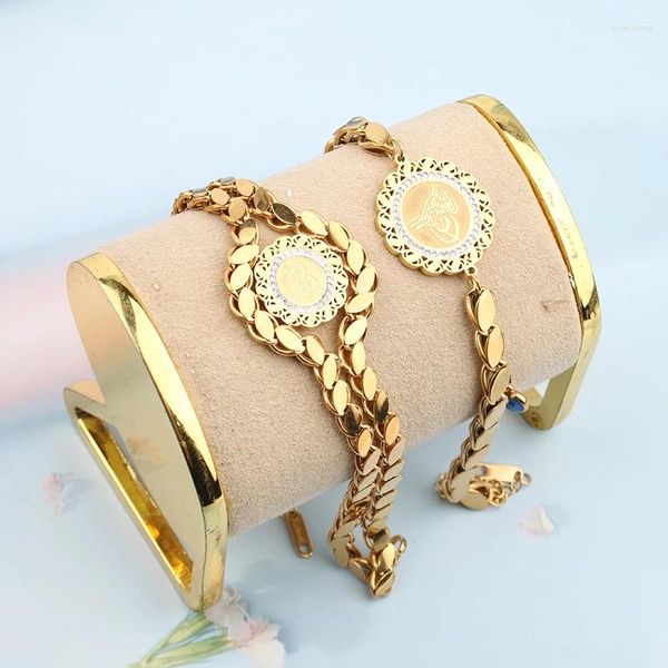 Link pulseiras pulseira de aço inoxidável moeda turca mão banhado a ouro corrente feminina árabe casamento jóias casal moda