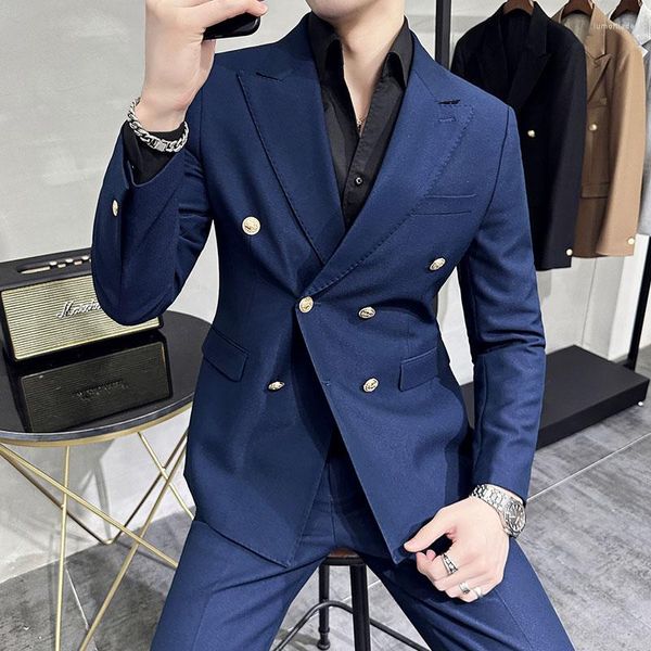 Ternos masculinos Button Gold Man Suit Wedding Luxo 2023 Homens de peito duplo 2 PCs Slim Fit Fit de alta qualidade Party Prom Macho