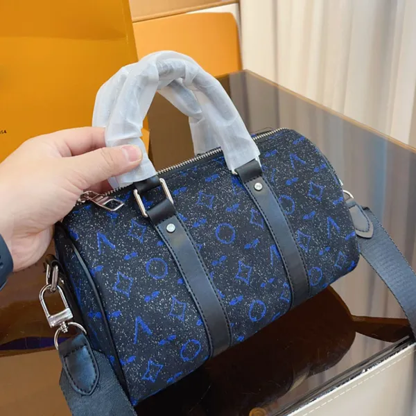 Preto Azul Dois Tons Mulheres Designer Speedy Bolsa com Alça Superior de Couro Tecido de Algodão Zíper Prateado Removível Alça Larga de Nylon 25 cm Bolsa de Ombro Cruzada