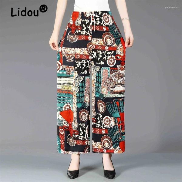 Calças femininas verão retro floral impressão meia idade idosa mulheres largas perna senhoras soltas calças de cintura alta elegante gelo seda pantalones