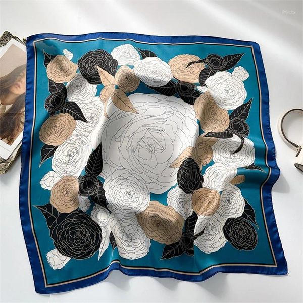 Schals 70/70 cm Satin Seide Quadrat Schal für Frauen Mode Retro Kamelie Blumenmuster Haar gebunden dekorative Kopftuch klein