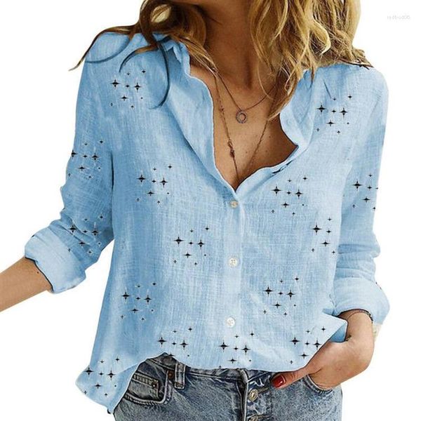 Damen Blusen Retro Sterne bedrucktes Langarmhemd Weiß Rosa Umlegekragen Button Up Lose Oberteile Lässige Frauen Blusas Mujer