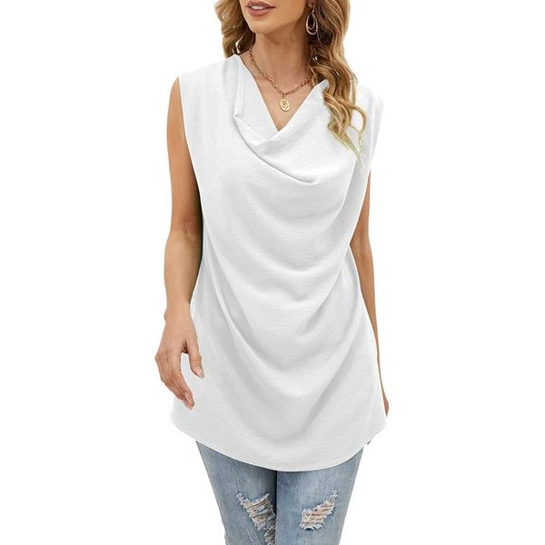 Damen Tanks Camis Schwarzes Hemd Damen Chiffon Volltonfarbe Ärmellos Schalkragen Weste Tops DamenDamen