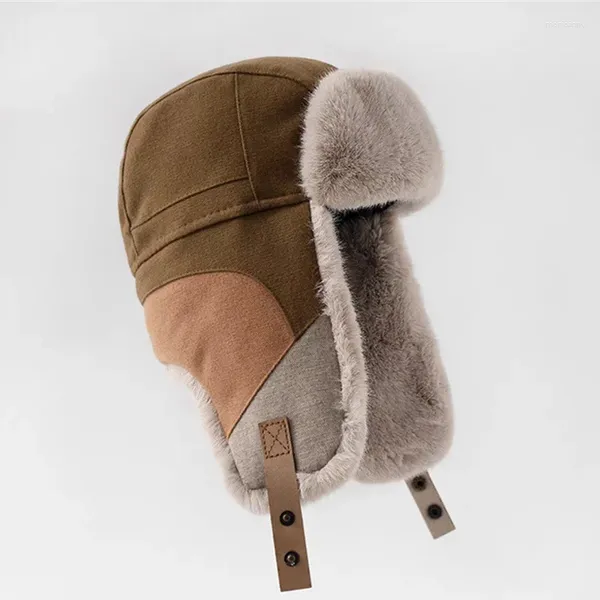 Berets Chapéu Russo para Homens Earflap Piloto Inverno Coreano Splicing Faux Ushak Bomber Trapper Engrossado Cap Quente Mulheres Esqui