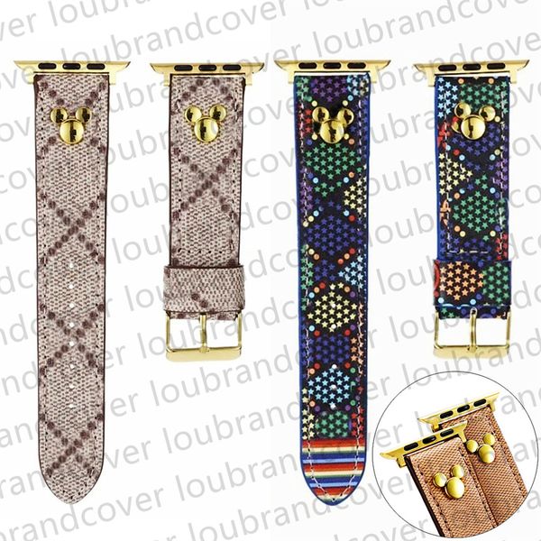 Designer Smart Straps para Apple Watch Band Gold Watch Band Links 49mm 44mm 45mm 38mm IWatch Series 8 9 4 5 6 7 Strap Couro Rebite Pulseira Bonito Personagem de Desenho Animado Impressão