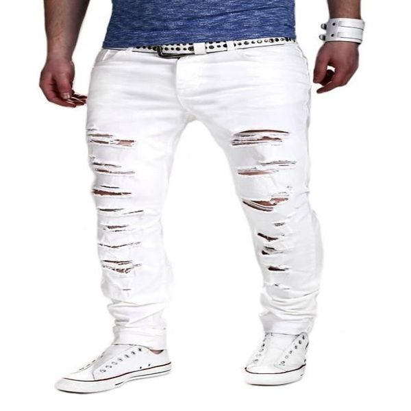 Pantaloni da uomo 2017 Pantaloni con taglio a buco al ginocchio con cerniera Pantaloni elasticizzati al piede Jeans strappati Pantaloni skinny bianchi a matita Pantaloni da jogging per Ma224k