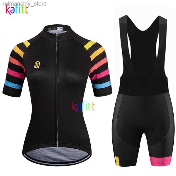 Maglia da ciclismo Set KAFITT Maglia da ciclismo nera corta da donna Seve Set Pantaloni con bretelle Breathab Outdoor Go Pro Team Asciugatura rapida Maillot Mujer Estate Q231107