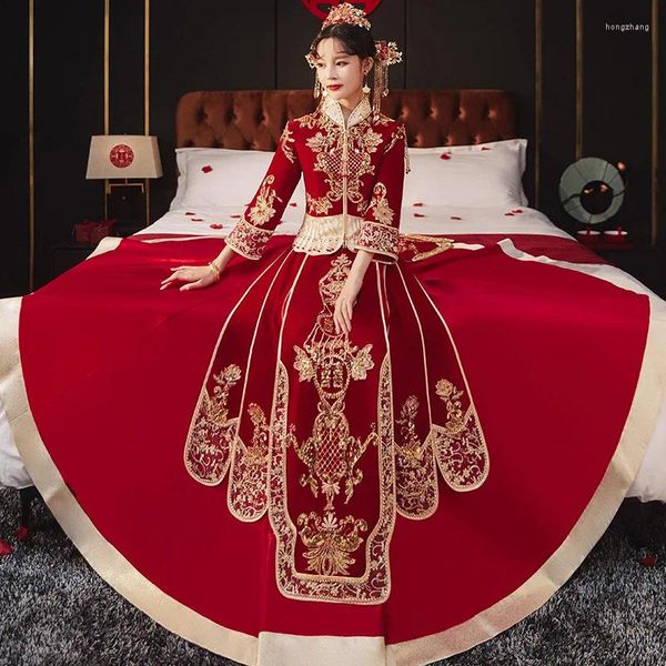 Etnik kıyafetler vintage payetler boncuklu nakış püskül evliliği takım elbise Çin geleneksel düğün cheongsam gelini gelin damat qipao elbise