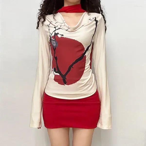 Mulheres Camisetas Estilo Chinês Impressão Manga Longa T-shirt Mulheres Top Outono e Inverno Balançando Pescoço Menina Picante Casual Slim Y2K Feminino