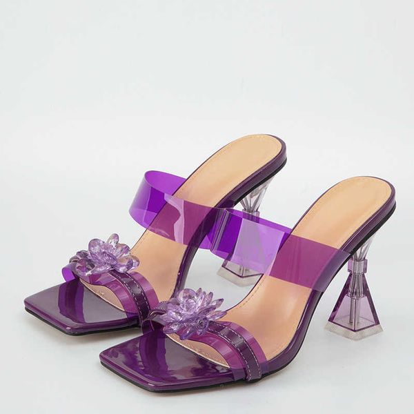 NXY SLIPPERS PVC transparente PVC Crystal Flower Mulheres chinelas Moda Sapas de salto alto de saltos femininos Sapas de sandálias de verão 230406