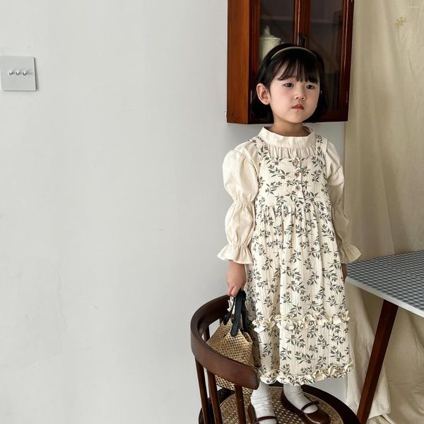 Abiti da ragazza Abbigliamento per bambini 2023 Set di camicie con bretelle floreali per ragazze in cotone primaverile ed estivo alla moda in stile coreano