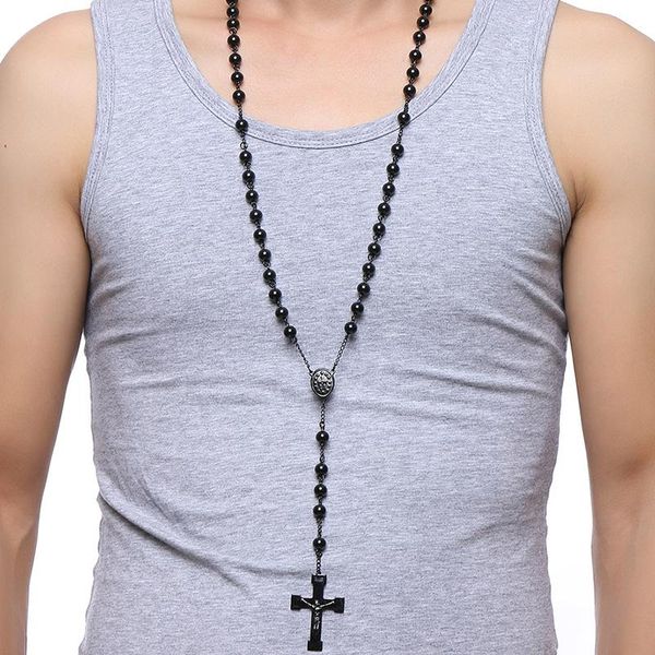 Colares pendentes meaeguet 76cm Cadeia preta de aço inoxidável Rosário Jesus Cristo Cruz Longo Charm