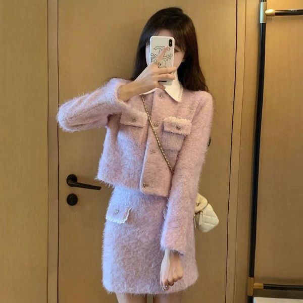 Vestidos de trabalho coreano moda doce 2 peça define elegante fino roxo jaqueta saias vintage feminino curto o-pescoço casaco cintura alta mini saia terno