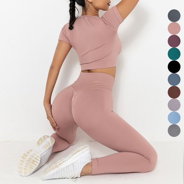 Damen Leggings 2-teilig Damen Yoga Set Fitness Seamless Leg Gym Übungs Set Sportswear Cut Top Push Up Yoga Pants High Waist Leg Sportswear 230406