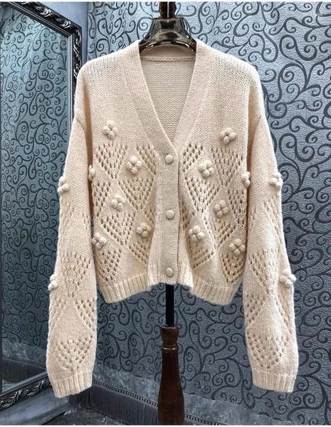 Frauen Strick Koreanischen Stil Strickjacke Mäntel 2023 Herbst Winter Damen V-ausschnitt Allover Häkeln Stricken Ball Deco Wolle Tops