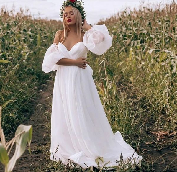 Sexy böhmisches Hochzeitskleid, schulterfrei, Chiffon, Organza, Strand-Brautkleid, lange Puffärmel, seitlicher Schlitz, einfache Brautkleider