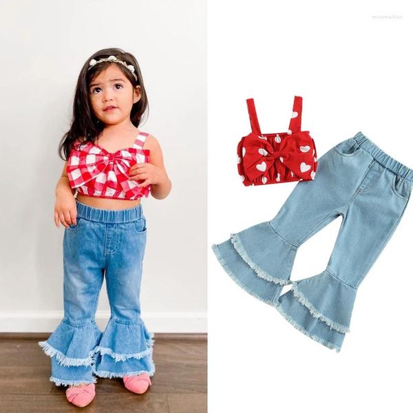 Set di abbigliamento FOCUSNORM San Valentino 1-6 anni Bambina 2 pezzi Vestiti Stampato a cuore Cinturino senza maniche Bowknot Canotta Top Pantaloni svasati