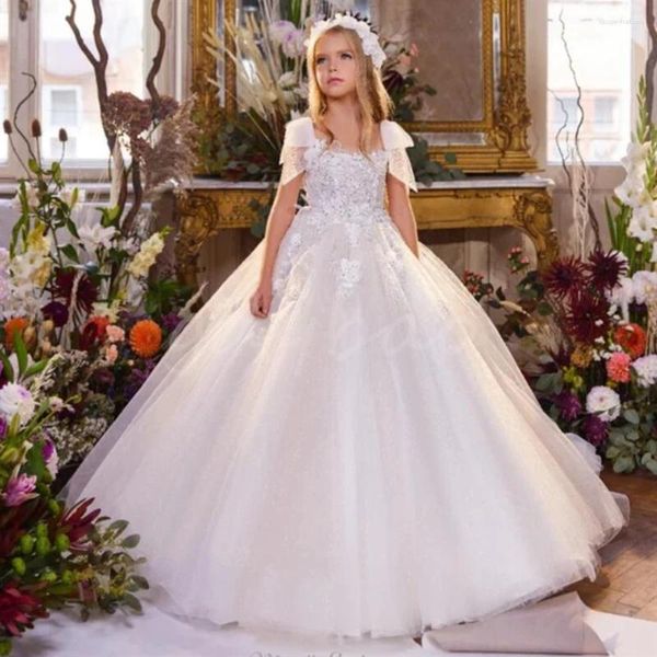Vestidos da menina simples marfim branco flor princesa glitter rendas crianças vestido elegante vestidos festa de aniversário primeira comunhão