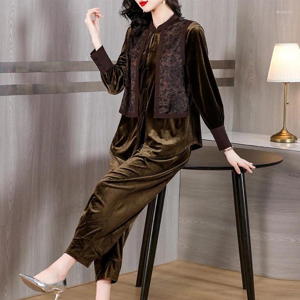 Calças femininas de duas peças 2023 vintage tassel chinês veludo splice conjunto seda solta grande top t-shirt pés moda