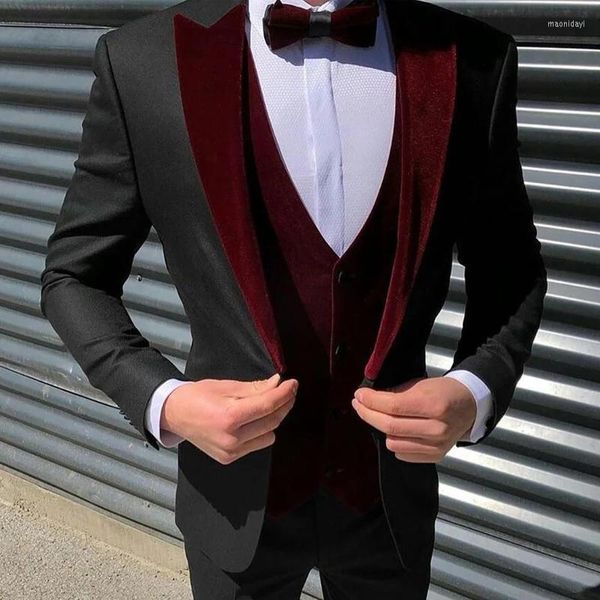 Herrenanzüge Schwarz Herren Burgund Samt Weste Kostüm Homme Slim Fit Prom Terno Masculino Blazer Bräutigam Wear 3 Pcs (Jacket Pant Vest)