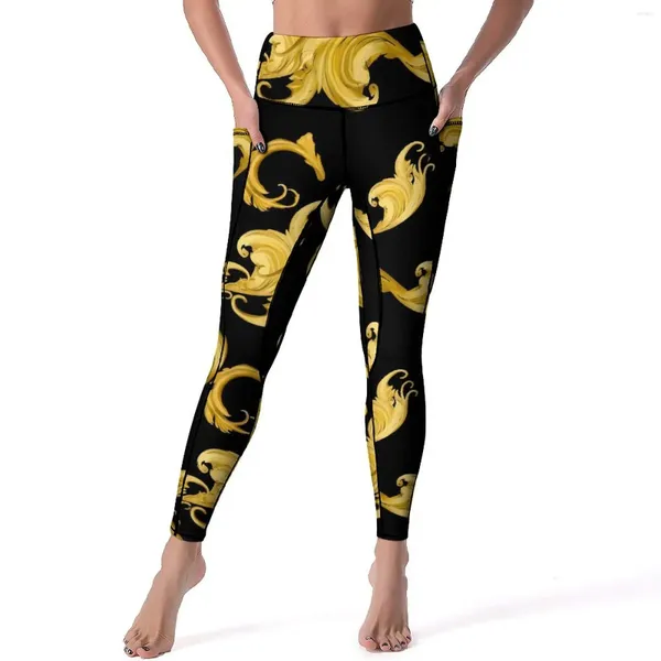 Kadın Taytlar Barok Yaprak Altın Çiçek Fitness Yoga Pantolon Yüksek bel nefes alabilen legginler streç grafik spor tayt doğum günü hediyesi