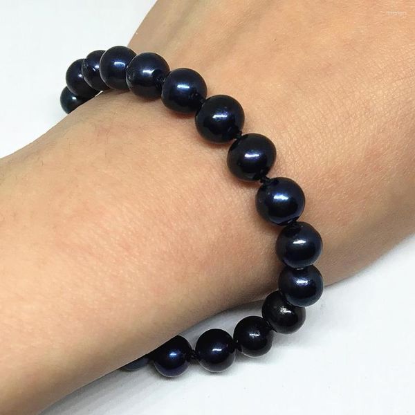 Filo di perle coltivate d'acqua dolce nere uniche 7-8 8-9mm Bracciale con perline rotonde naturali approssimative Gioielli di alta qualità da 7,5 pollici B1524