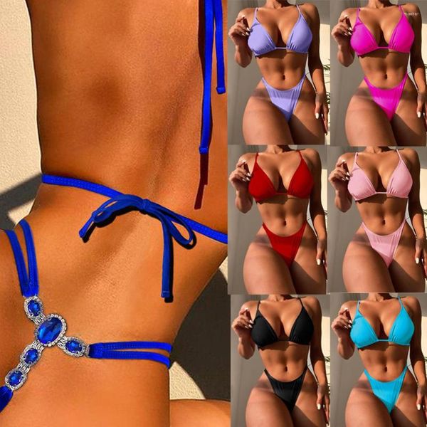 Damen Bademode Luxus zweiteiliger Tanga-Badeanzug mit Strasssteinen Bikini Stones Sexy hoch taillierter blauer G-String Angelica Badeanzug für