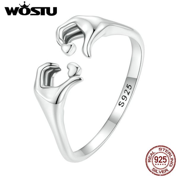 Anello solitario WOSTU Vero argento sterling 925 Anelli romantici a forma di cuore per le donne Palm Love Coppia Anelli di nozze Regalo di gioielli di San Valentino 230404