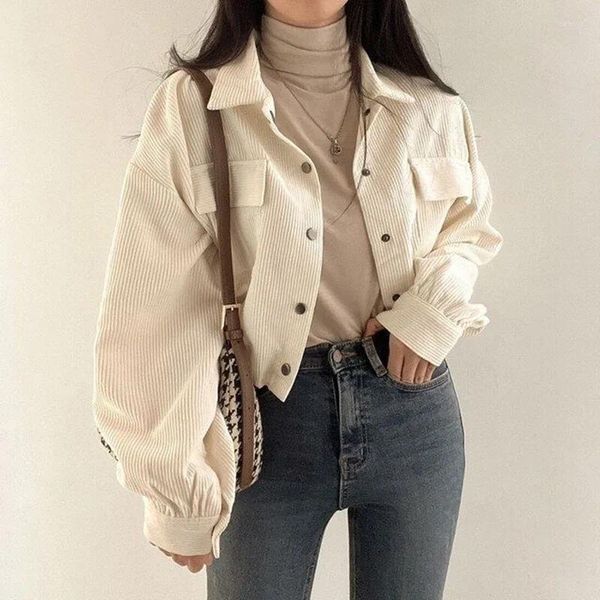 Damenjacken Apricot Cord Jacke Frauen Vintage Revers Chic Taschen Langarm Schwarz Crop Frau Koreanische Lose Kordelzug Kurze Mäntel