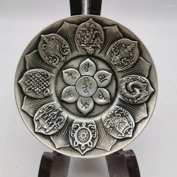 Statuette decorative da 9,8 cm raccolgono il buddismo cinese Paktong otto piatti di fiori di loto di buon auspicio 290G