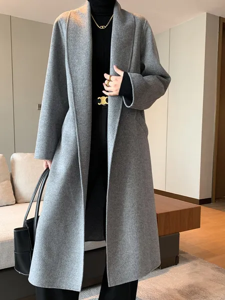 2024-зимнее высококачественное двустороннее утолщенное кашемировое пальто с тотемом Water Wave для женщин, новое шерстяное пальто средней длины из зеленой шерсти