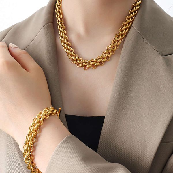 Collar de cadena gruesa con hebilla OT exagerada, pulsera, conjunto de tendencia de personalidad, joyería dorada de acero de titanio para mujer