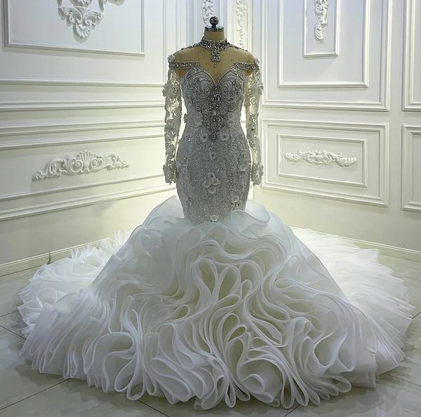 Abito da sposa a sirena di lusso arabo Dubai 2024 Illusion collo alto perline di cristallo volant abito da sposa in organza abiti da noiva personalizzati