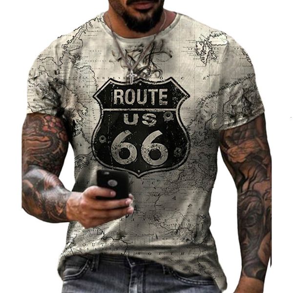 Mens Tshirts Moda Vintage 3D Baskı Mens Tshirts Yaz US Route 66 Mektuplar Unisex Giysileri O yaka Sıradan Sokak Gevşek Büyük Boy Tişört 230406