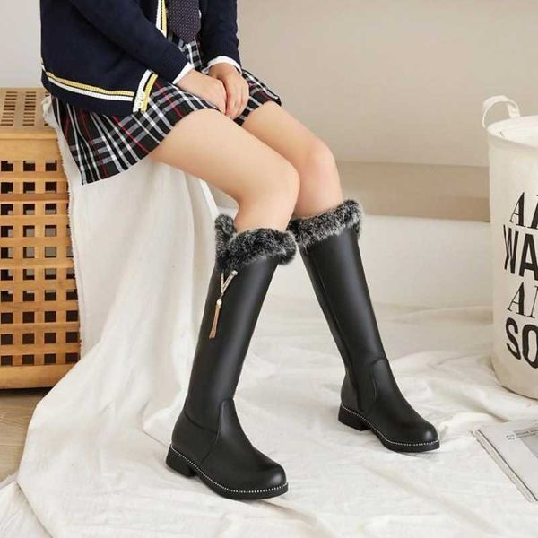 Stiefel Grüner Begleiter Herbst Winter Kaninchenhaar Knielanger weiblicher niedriger Absatz Student vielseitige Mädchen neue koreanische Version mit flachem Boden