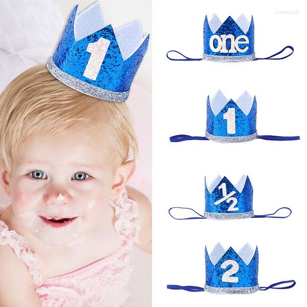 Cappellini da festa 1 2 anni Cappello di compleanno Baby Shower Fascia decorativa Corona per bambini Blu argento