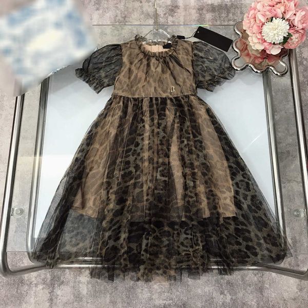 23SS Leopar Baskı Prenses Etek Şifon Elbiseleri Kızlar Çocuklar Tasarımcı Giysileri Net İplik Elbiseler Astarlı Saf Pamuk Elbise Yüksek Kaliteli Çocuk Giysileri