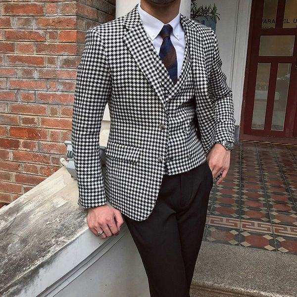 Herrenanzüge Blazer Der Hahnentritt-Blazer und die Hahnentritt-Weste für Herren werden für den offiziellen Tweed-Smoking des Hochzeitsanzugs, die benutzerdefinierte Herrenanzugjacke, die Hosenweste 230406 verwendet