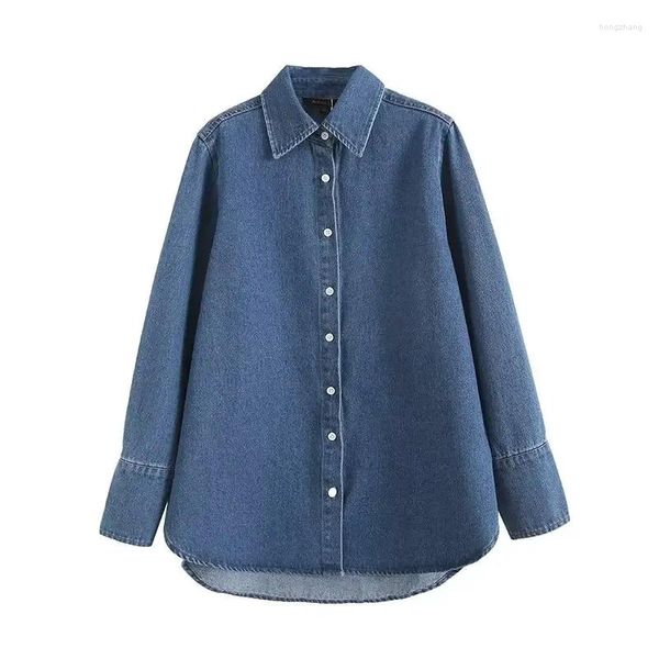 Blusas femininas 2023 moda denim tecido ferramental estrutura longo retro botão de mangas compridas chiques topos